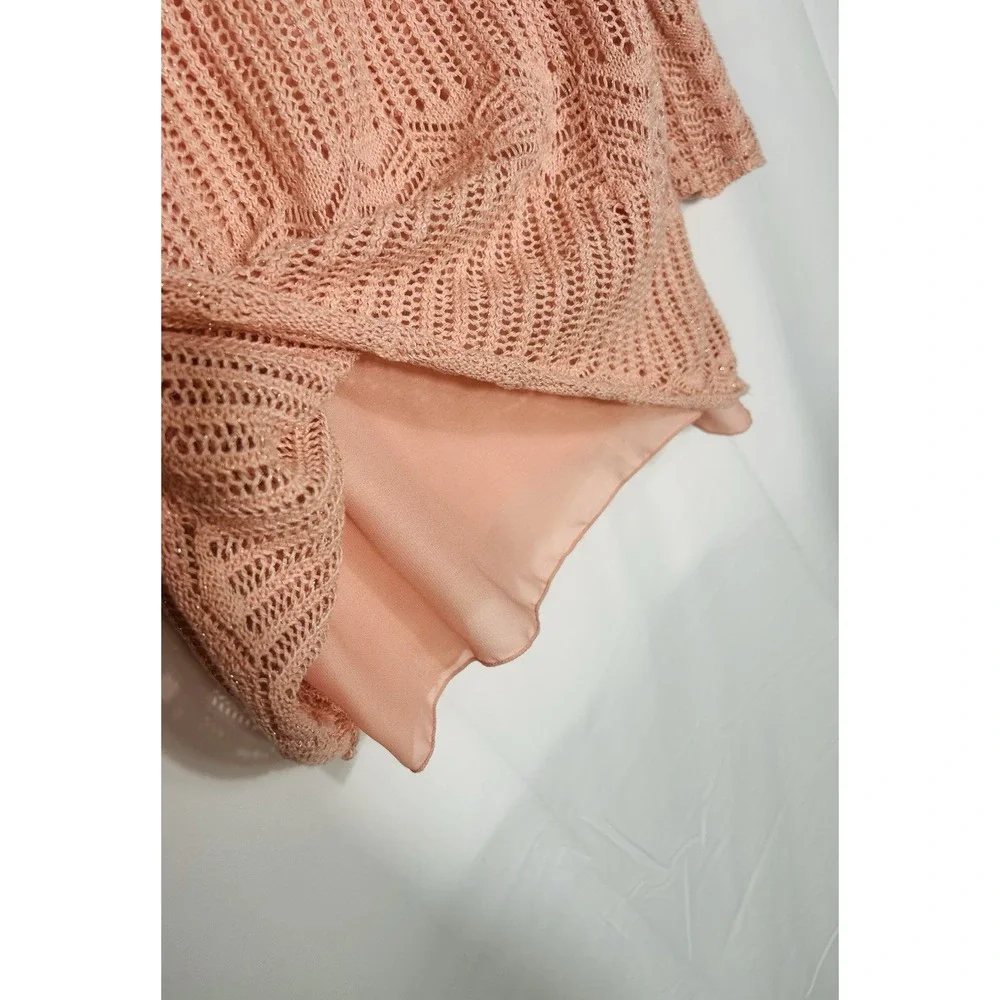 Vintage Womens Open Knit Boho Crochet Sweater Pink Fairy Coquette Asymmetric Y2K
